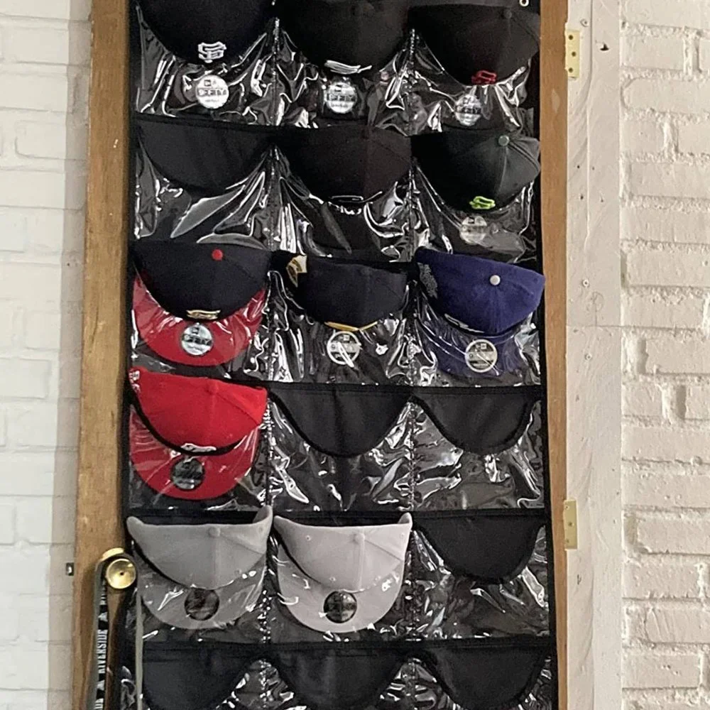 24 Deep Pockets- Hat Organizer - Hat Racks for Baseball - Wall Door with 3 Hooks